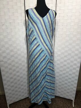 J Jill Love Linen Lotus Maxi Dress Size Large Striped Blue Green Lined